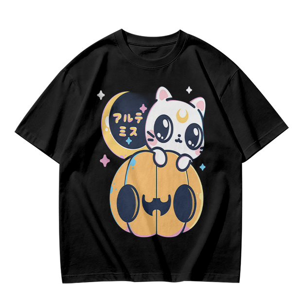 Cute white cat on jack-o'-lantern Halloween graphic tee