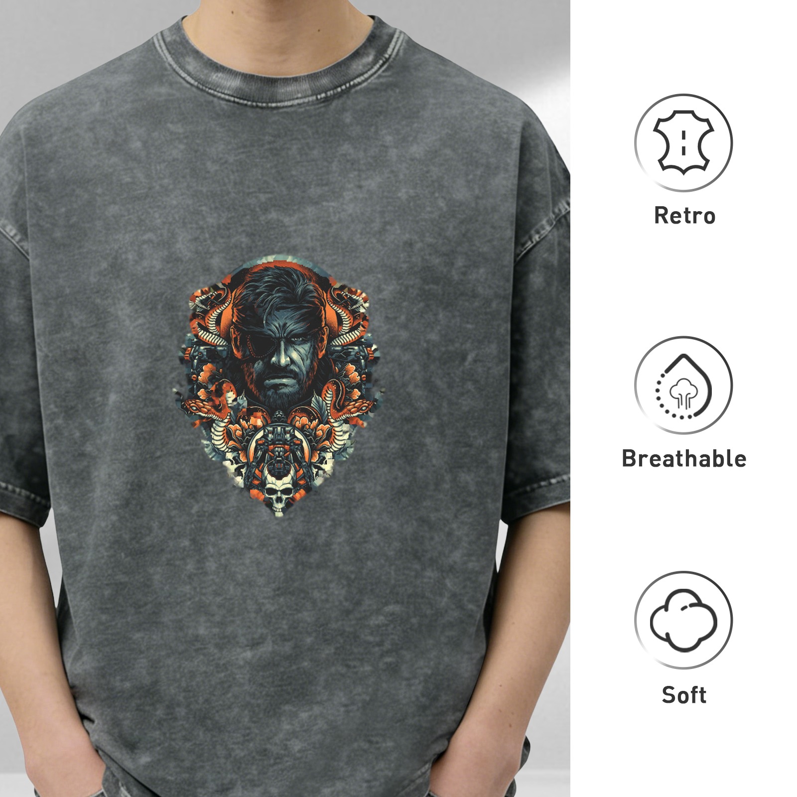 Oversized Acid Wash T-Shirt With Gothic Warrior Skull Snake Graphic