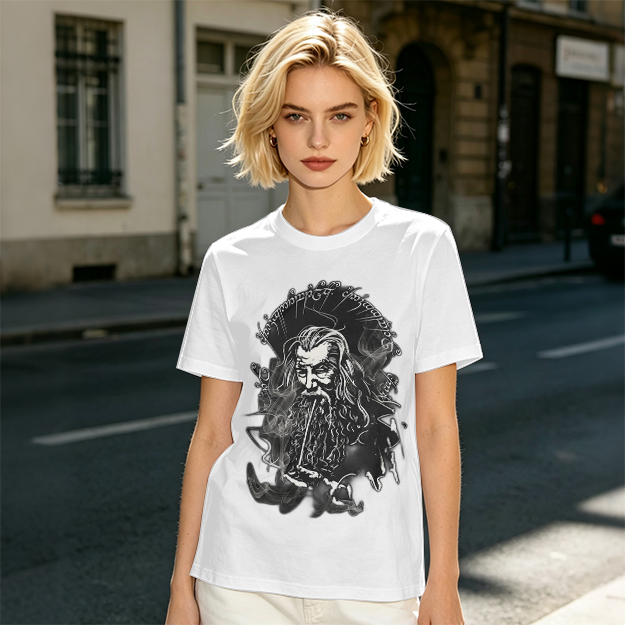 Olive T-Shirt with Wizard Smoking Pipe Fantasy Art Print