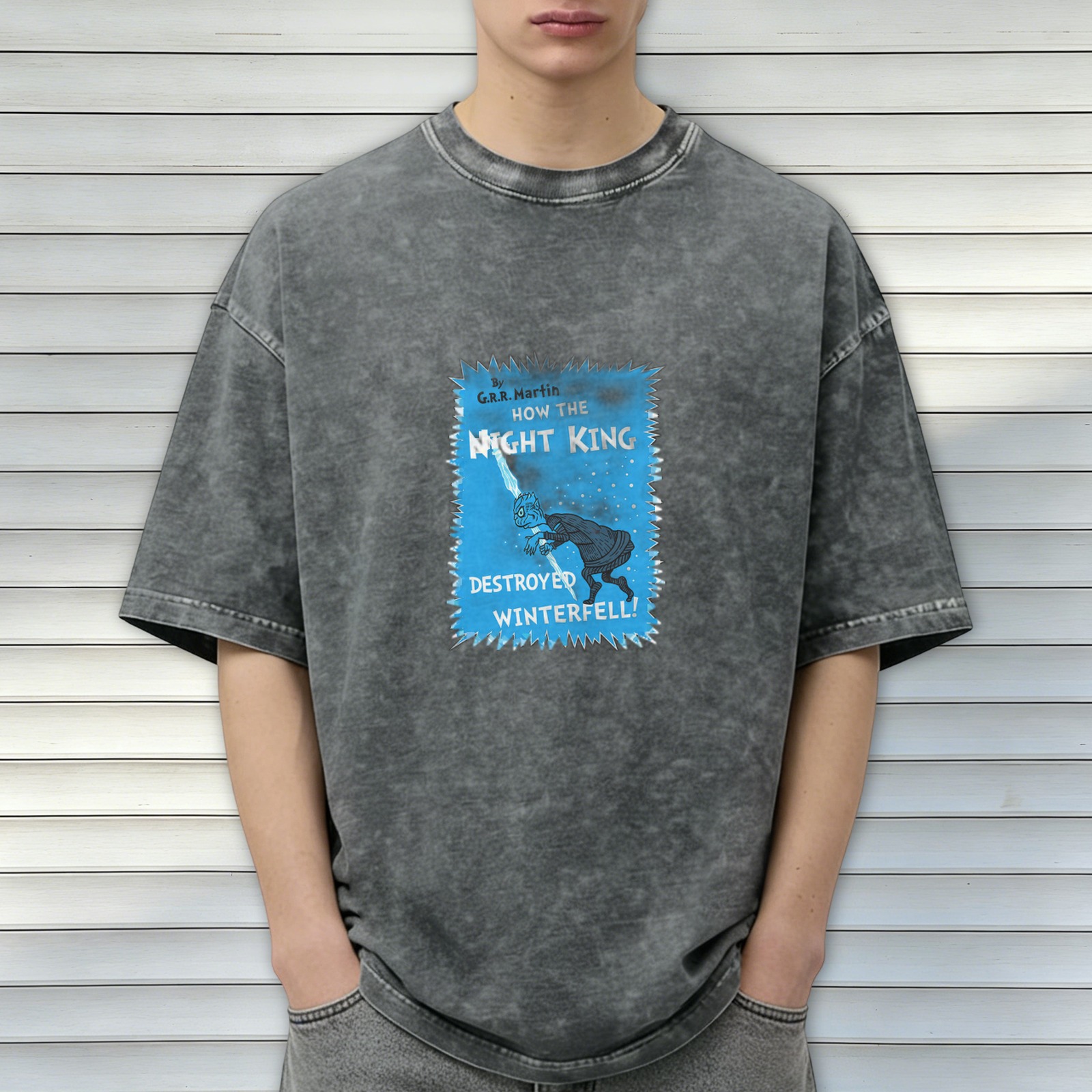 Oversized dark wash t-shirt with Night King Winterfell graphic print