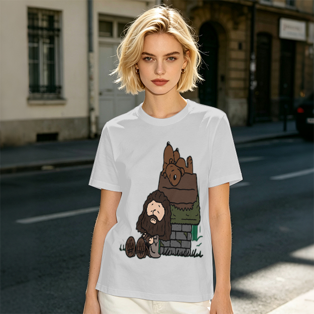 Olive T-Shirt With Cartoon Bearded Man And Doghouse Print