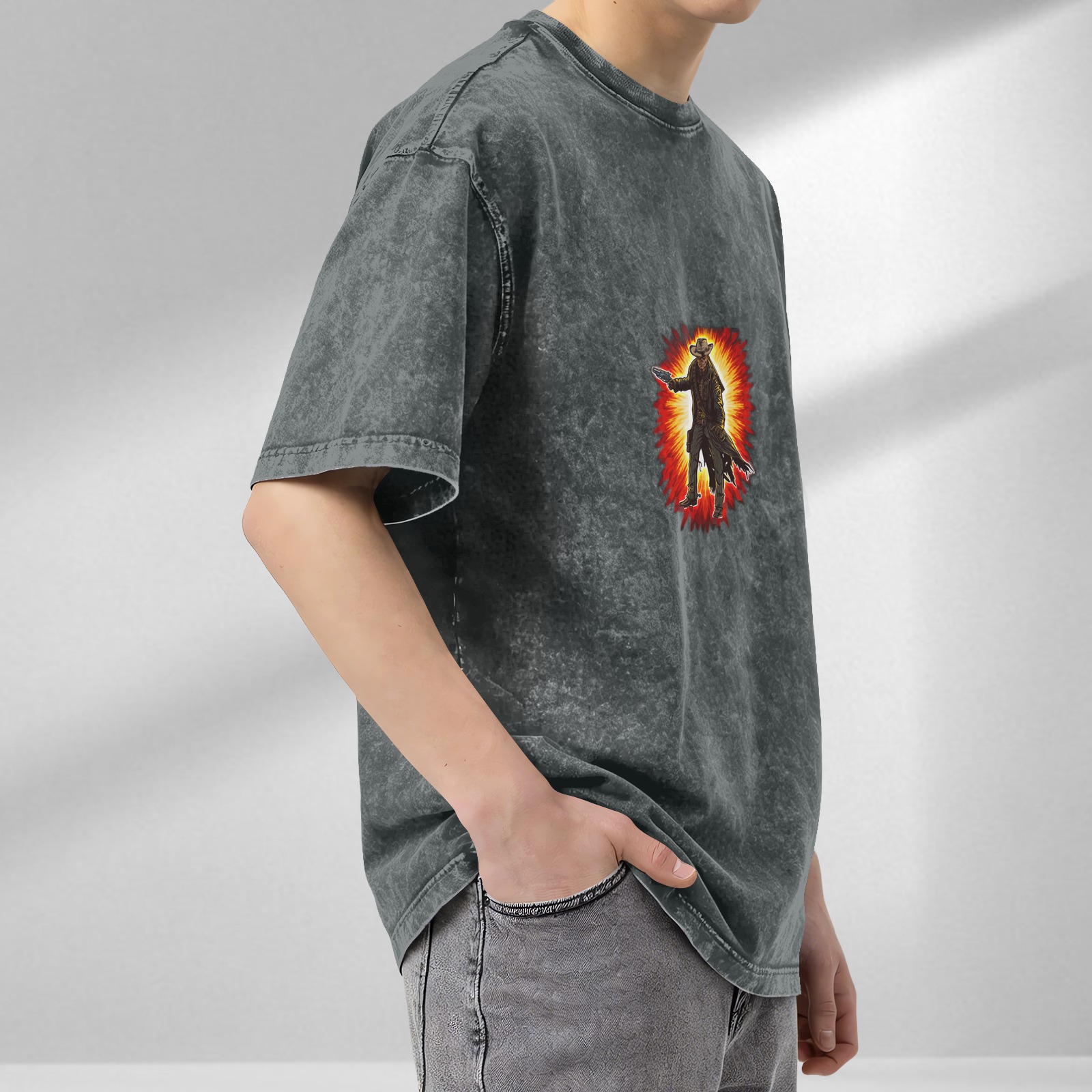 Oversized Dark Wash T-Shirt With Western Gunslinger Explosion Graphic