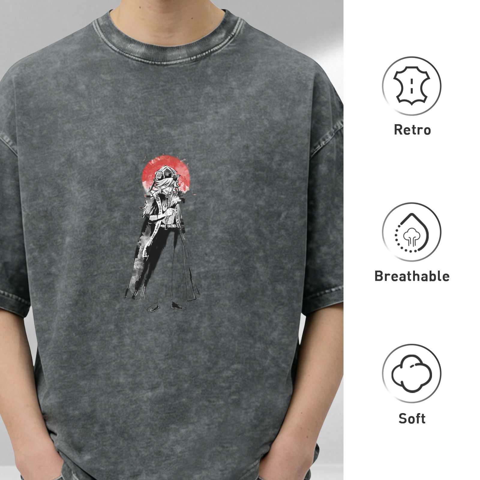 Washed Black T-Shirt With Samurai Warrior And Red Sun Print