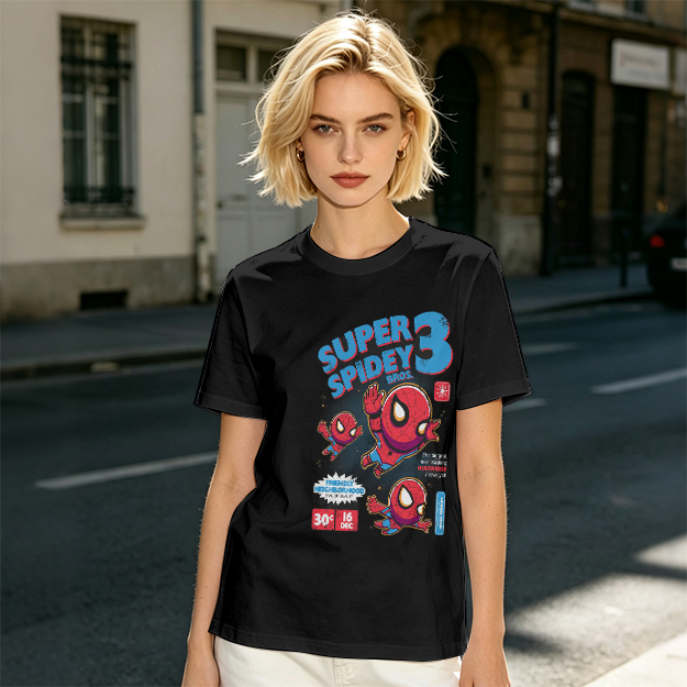 Olive T-shirt with Super Spidey 3 Chibi Spider-Man Graphic