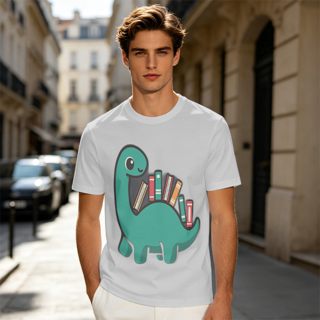 Olive T-shirt with cute dinosaur carrying books graphic