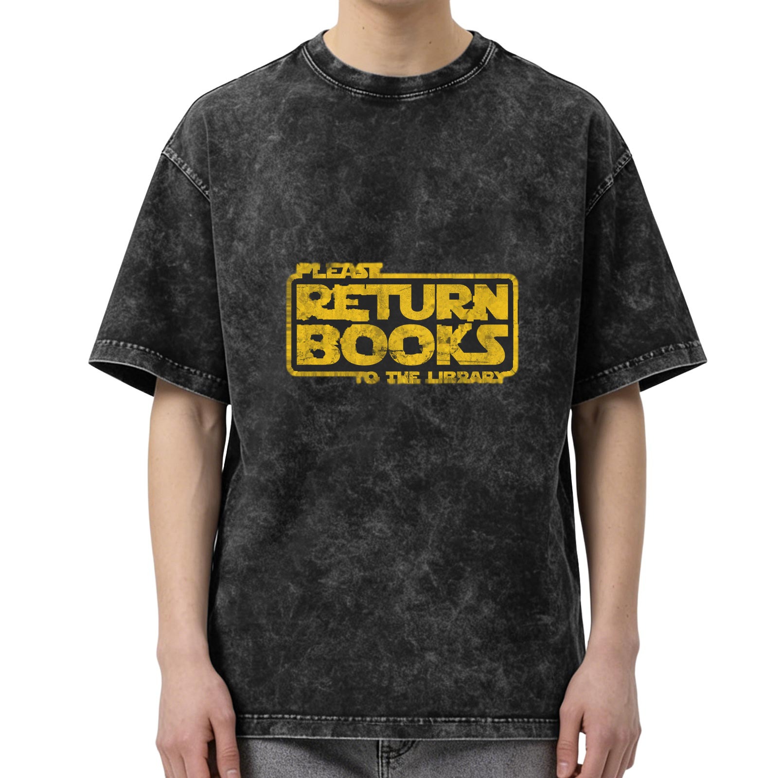 Washed Black T-Shirt With Star Wars Style Return Books Library Text