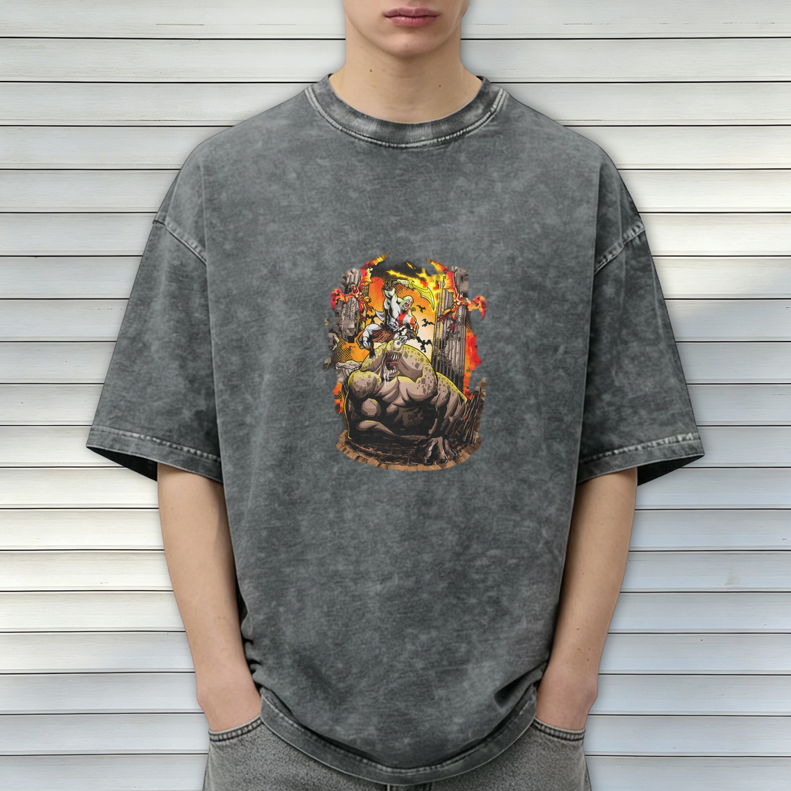 oversized washed black t-shirt with fantasy battle graphic print