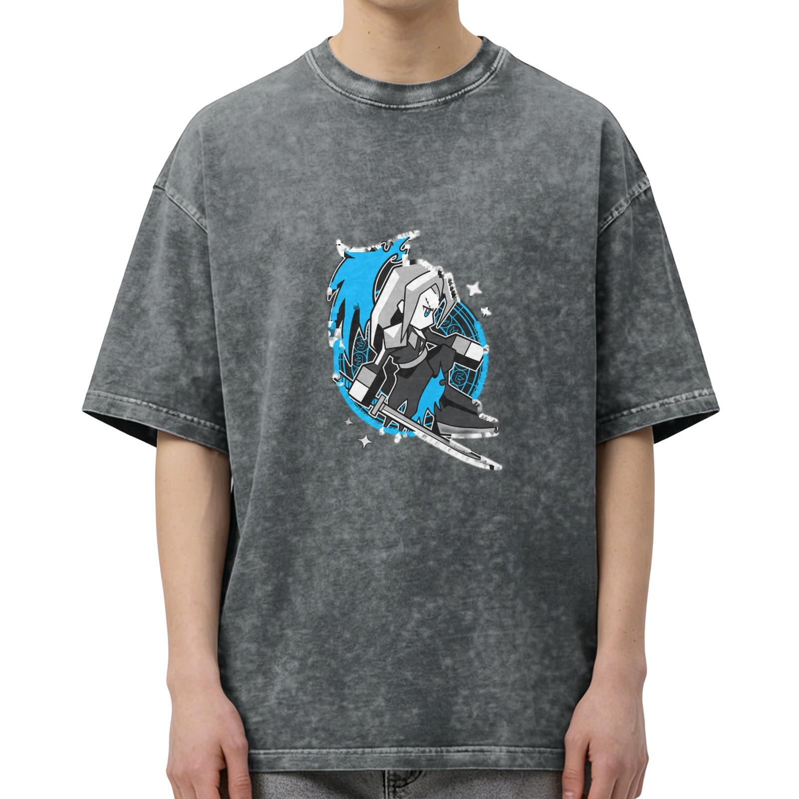 Oversized Dark Wash T-Shirt With Chibi Fantasy Villain Print