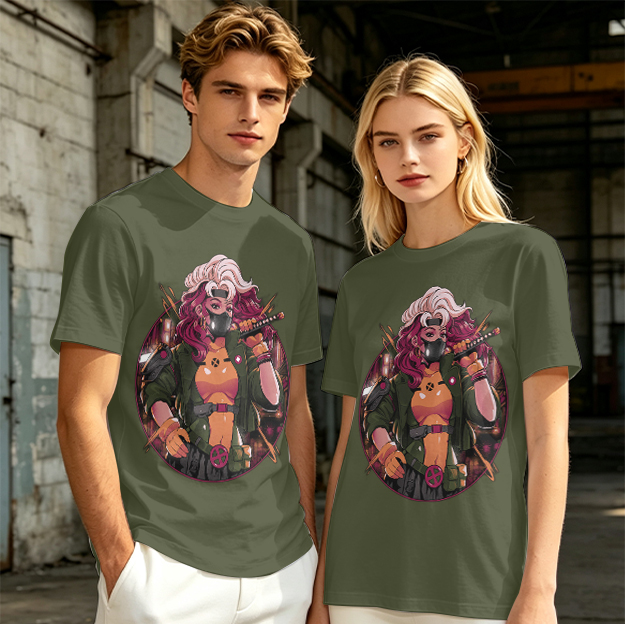 Olive T-Shirt with Anime Cyberpunk Female Warrior Print