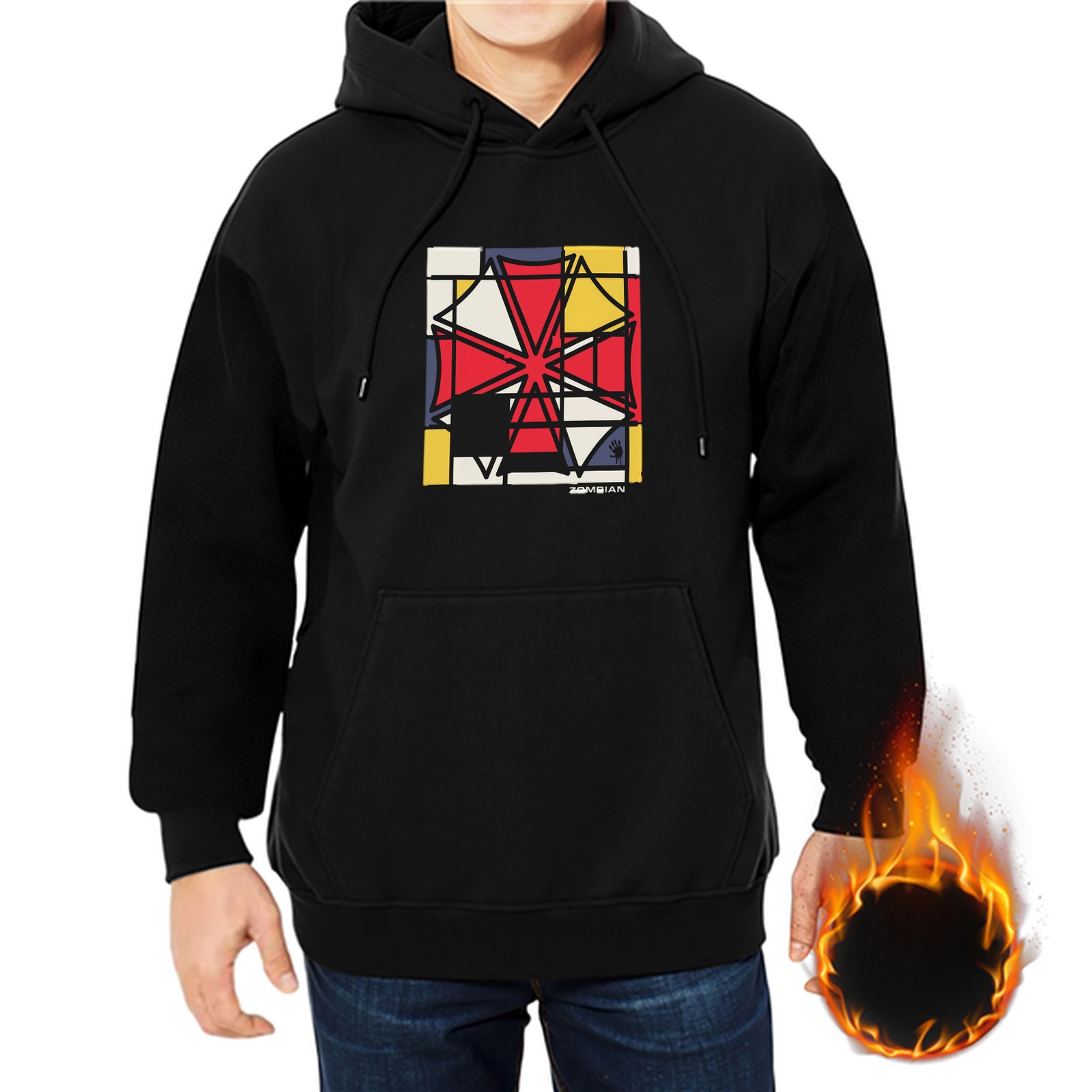 Black Hoodie With Abstract Geometric Red Yellow Blue Art Print