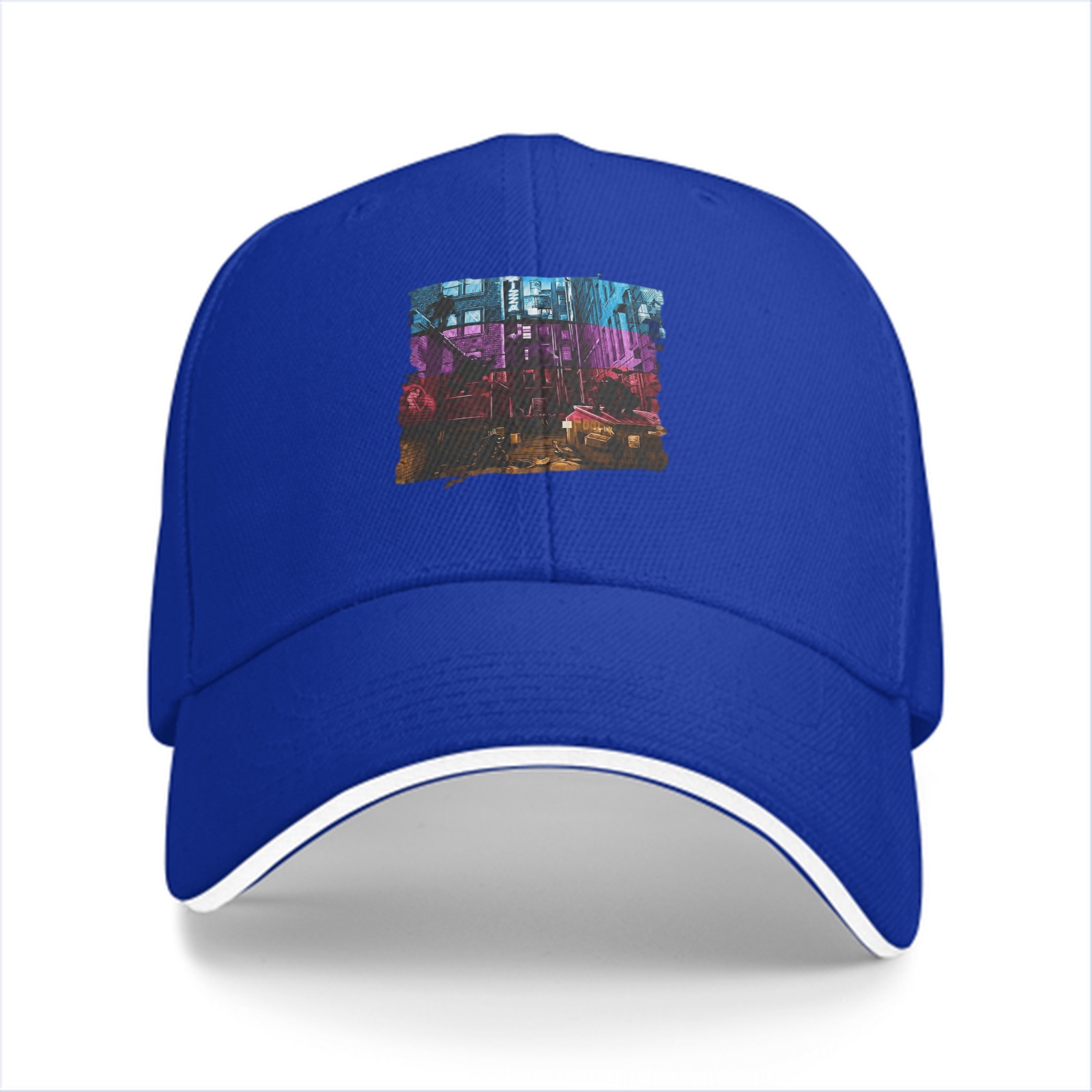 Black Baseball Cap with Neon Cyberpunk Cityscape Graphic
