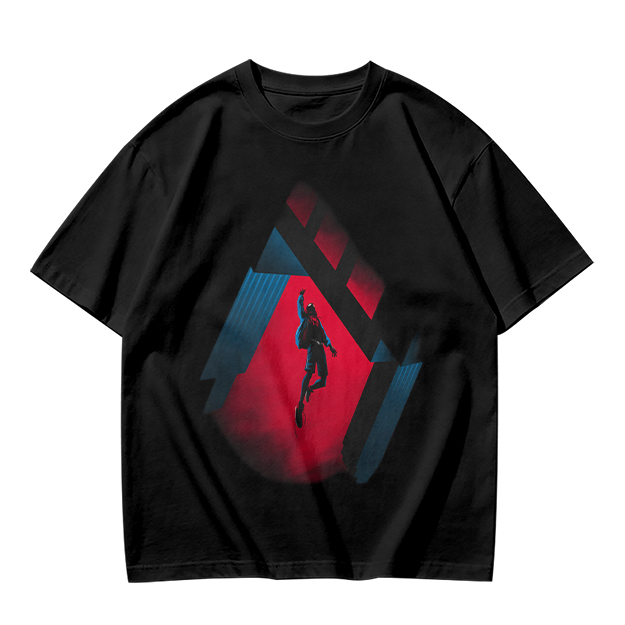 Olive T-shirt with Spider-Man mid-swing over city buildings