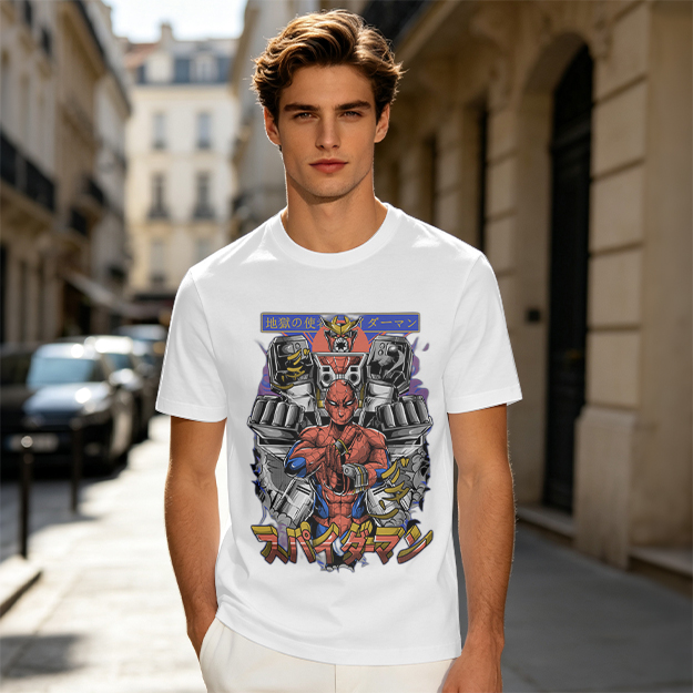 Olive T-shirt with Japanese Spider-Man Mech Graphic Print