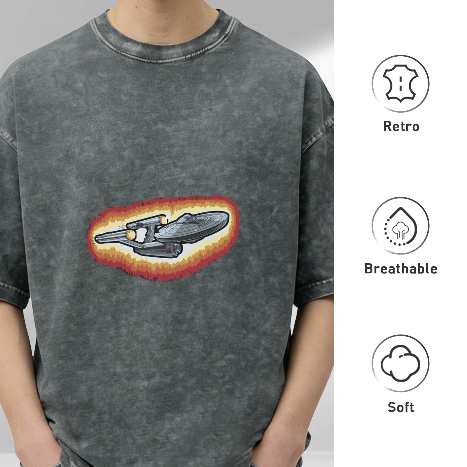 Washed Black T-Shirt with Star Trek Starship Graphic