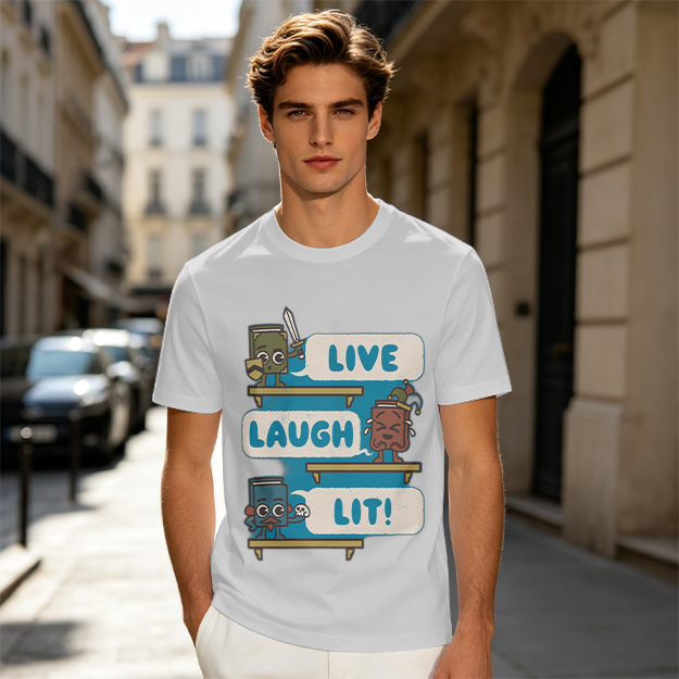 Olive T-Shirt With Cartoon Books 'Live Laugh Lit' Graphic