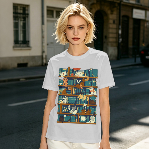 Olive t-shirt with playful cats on a bookshelf graphic