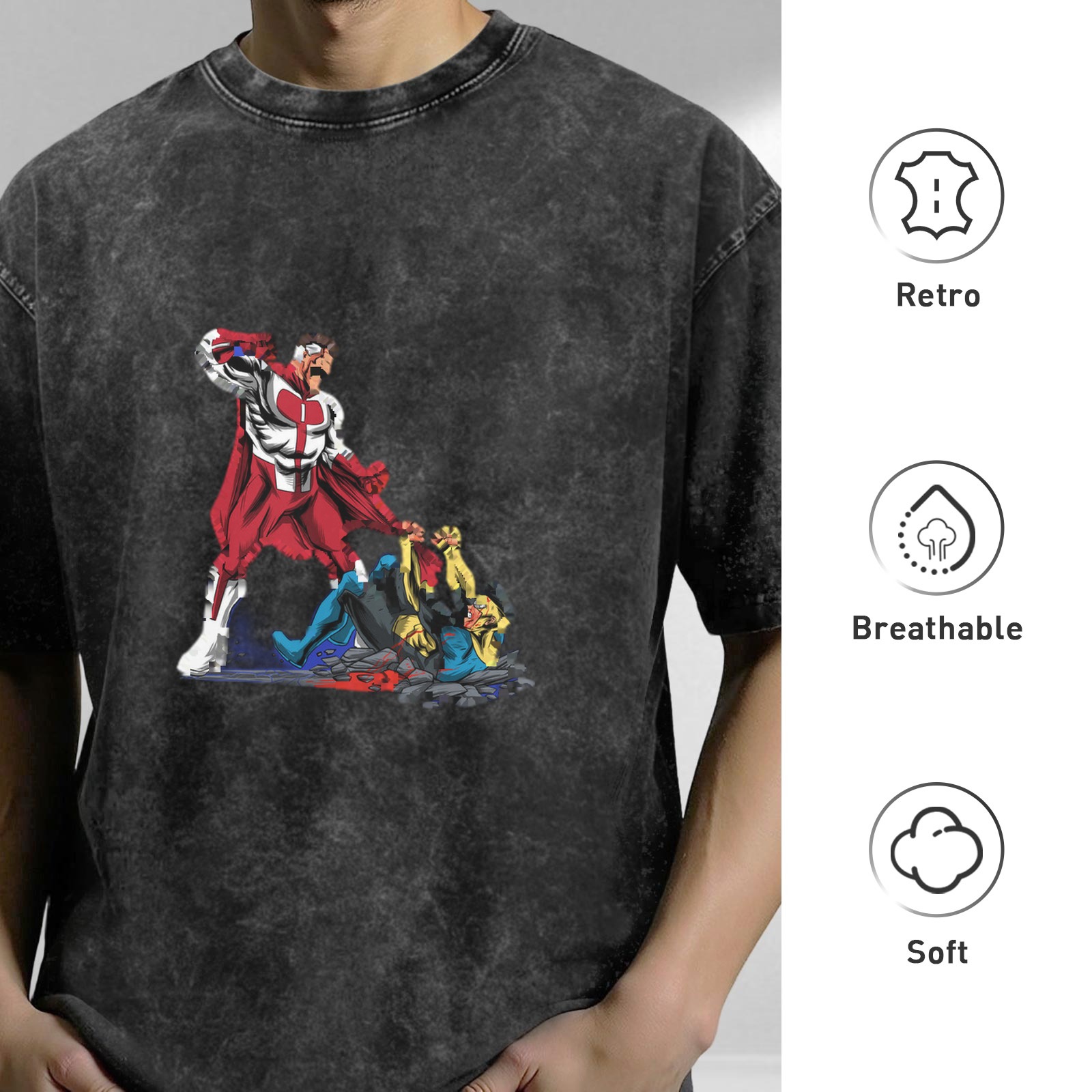 Oversized Dark Wash T-Shirt with Superhero Fight Graphic Print