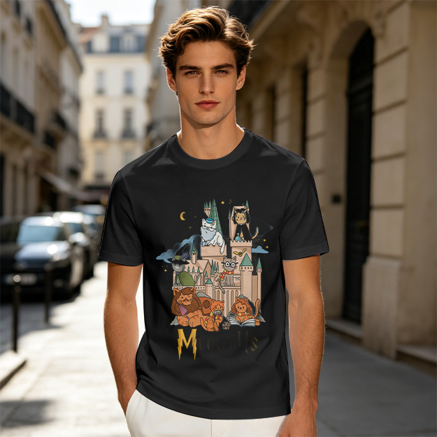Olive T-Shirt With Whimsical Wizard Cat Castle Graphic