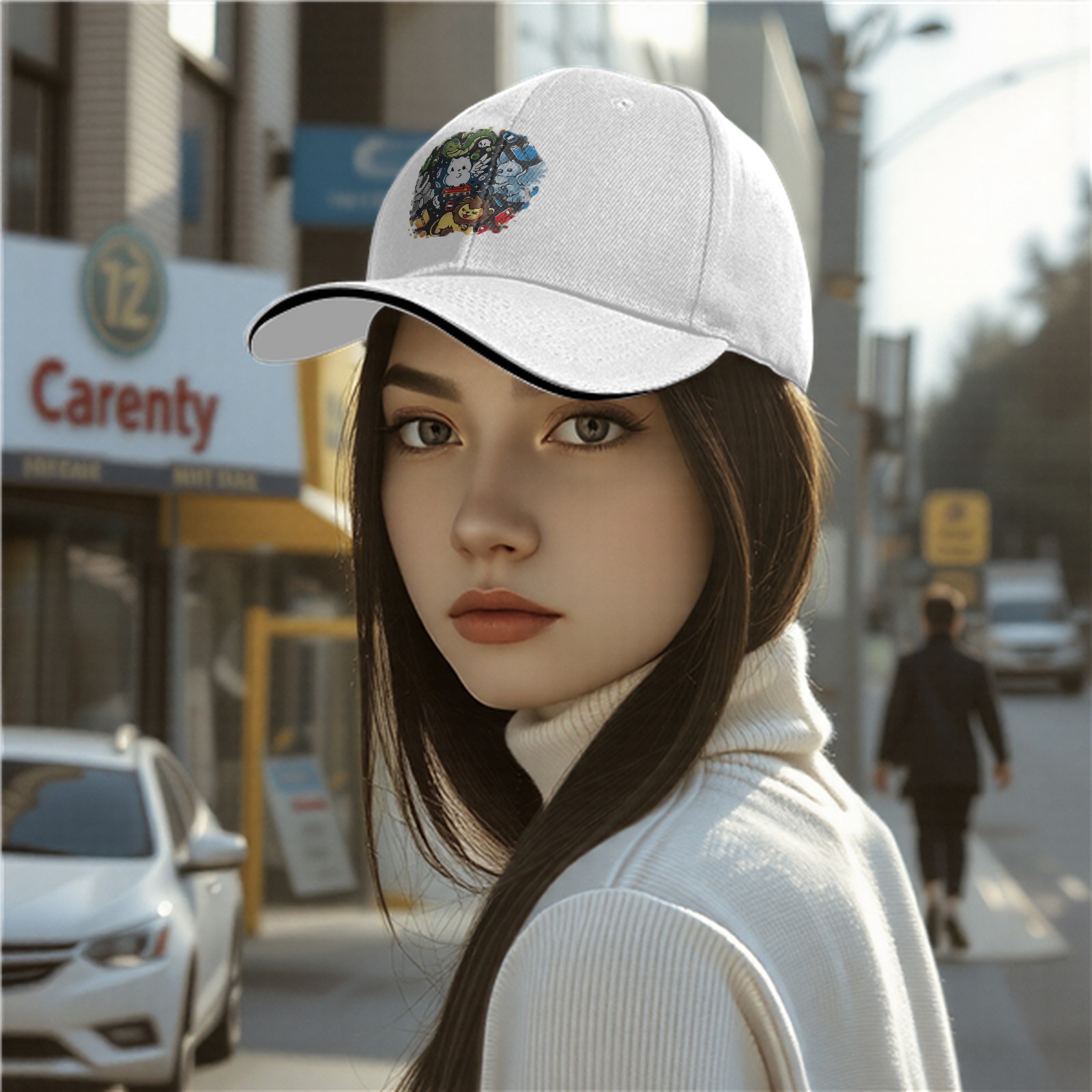 Black Baseball Cap With Cute Magical Creatures Graphic Design