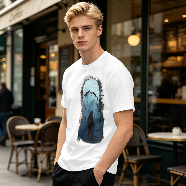 Olive T-Shirt With Dark Fantasy Silhouette And Dragon Print