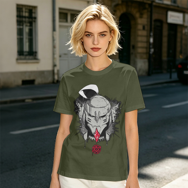 Olive T-shirt with Dark Fantasy Mechanical Skull Graphic Print