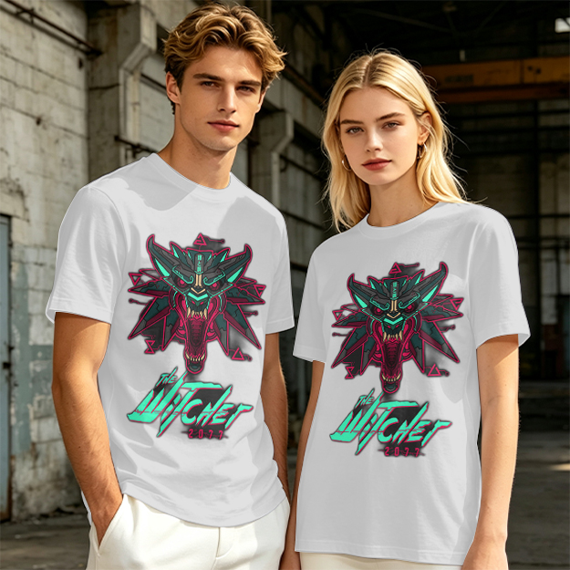 Olive green t-shirt with cyberpunk witcher wolf head graphic
