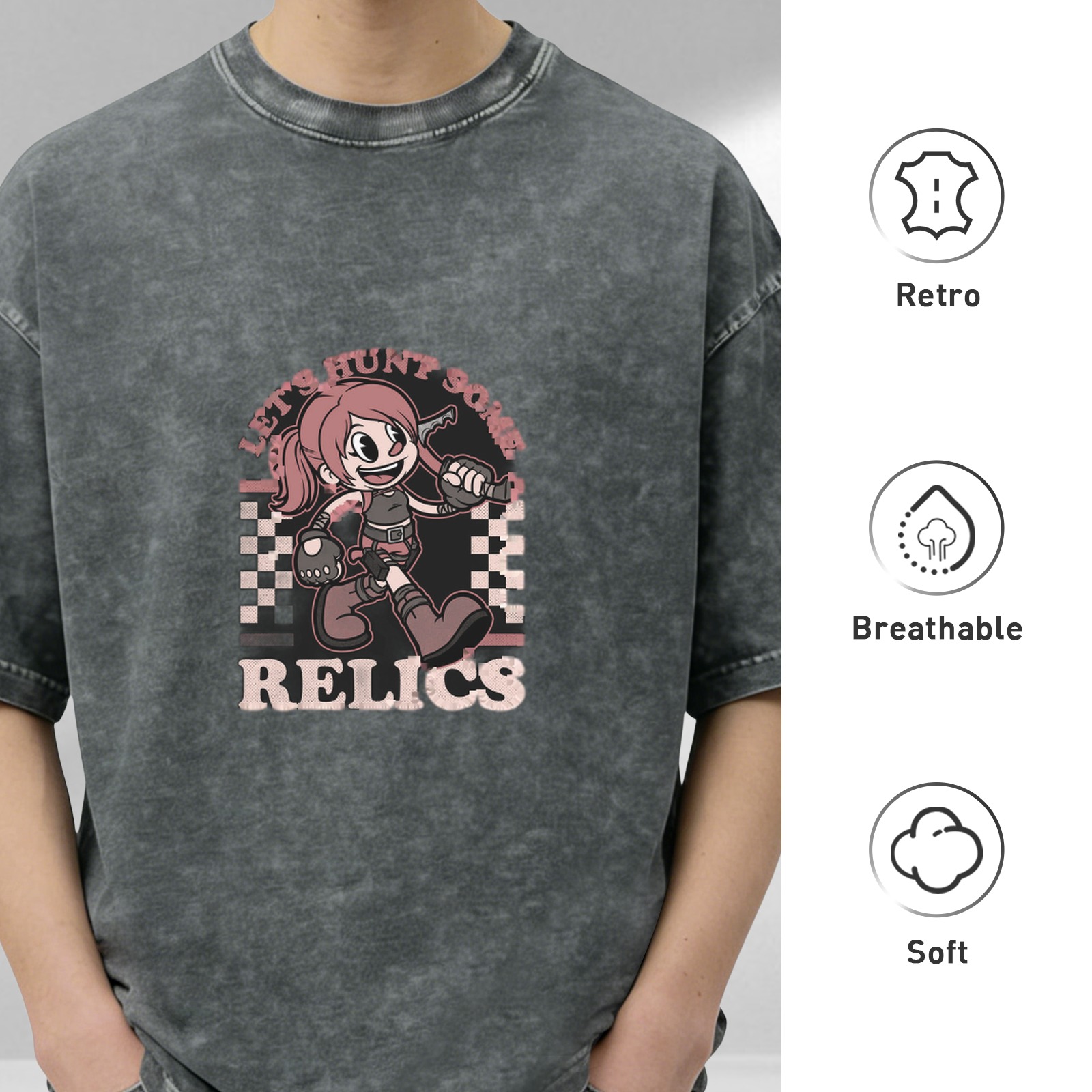 Washed Graphic Tee With Retro Cartoon Relic Hunter Print