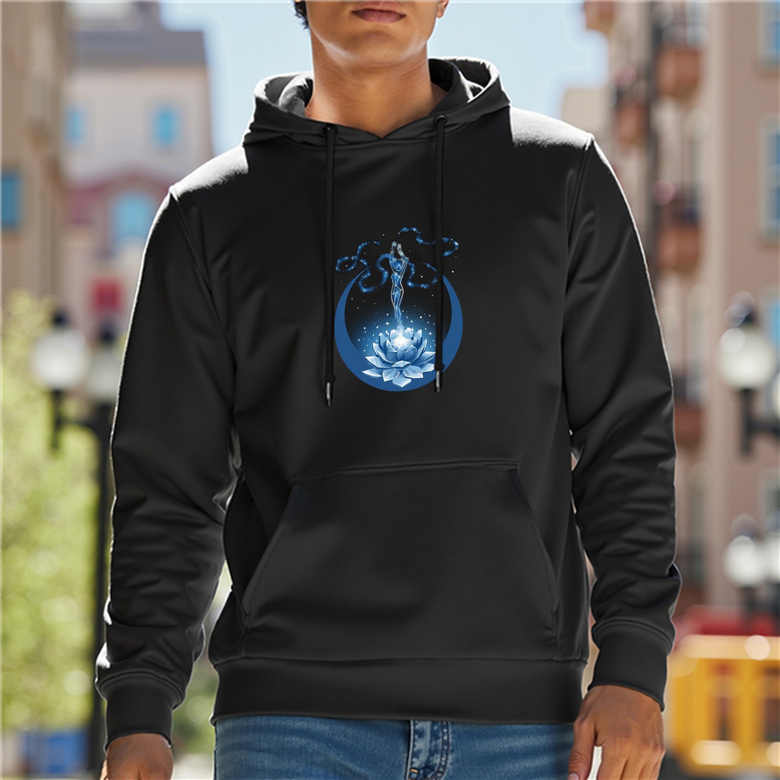 Black Hoodie With Blue Crescent Lotus Spirit Artwork