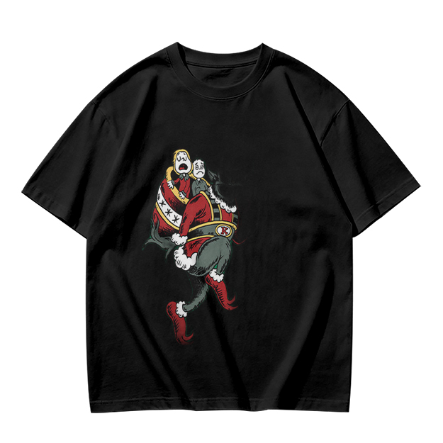 Olive T-shirt with distressed cartoon Santa Claus graphic