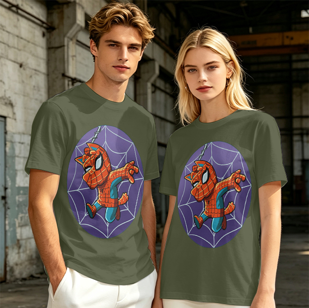 Olive T-Shirt with Cute Spider-Cat Web Print