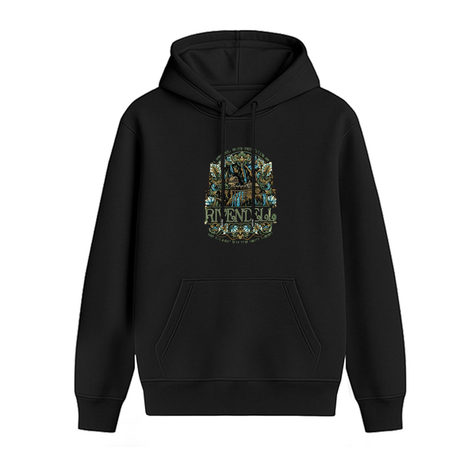 Black hoodie with Rivendell fantasy themed graphic print