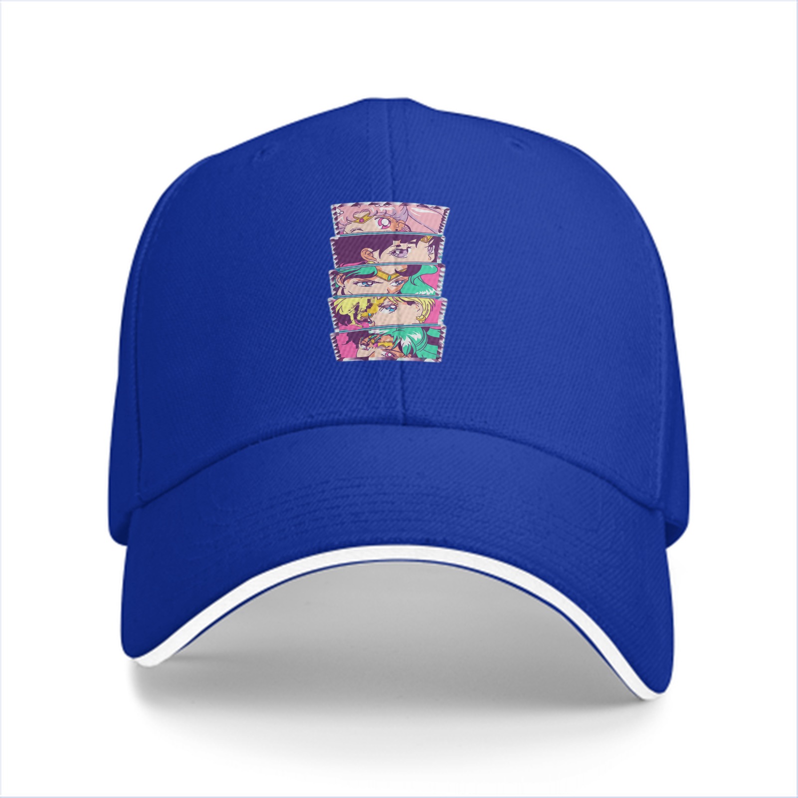 Black Baseball Cap with Anime Character Face Stack Print