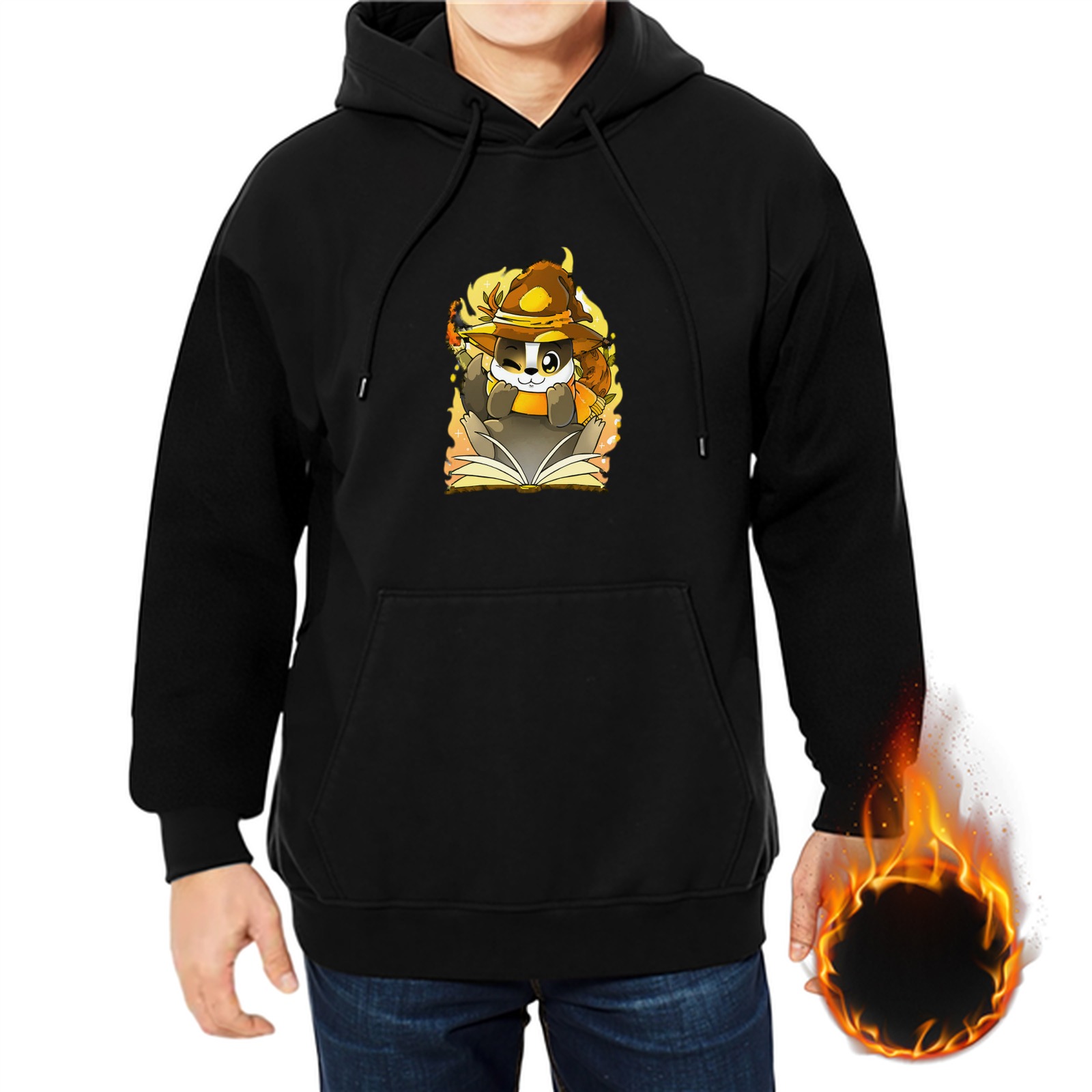 Black Hoodie With Cute Wizard Animal Reading Open Book Graphic