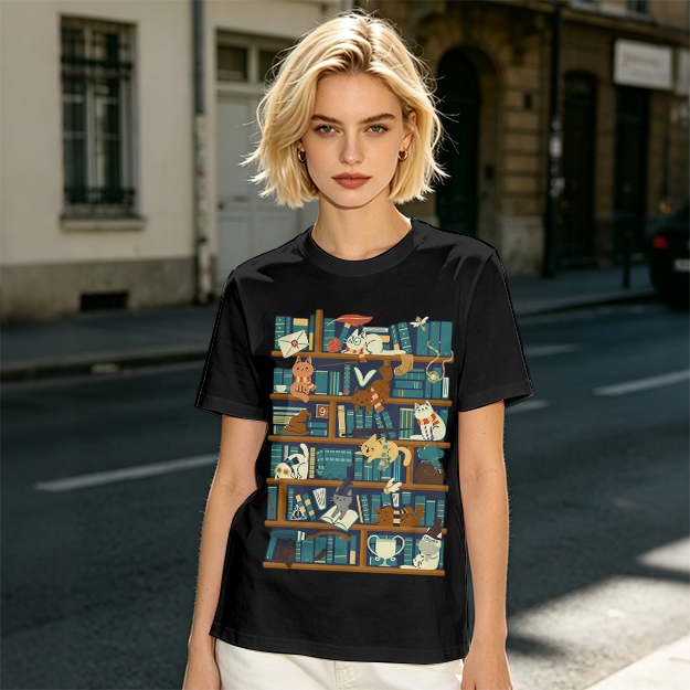 Olive t-shirt with playful cats on a bookshelf graphic