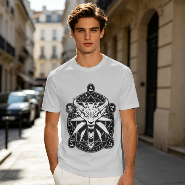 Olive T-Shirt With Witcher Wolf Medallion Magic Circle Print