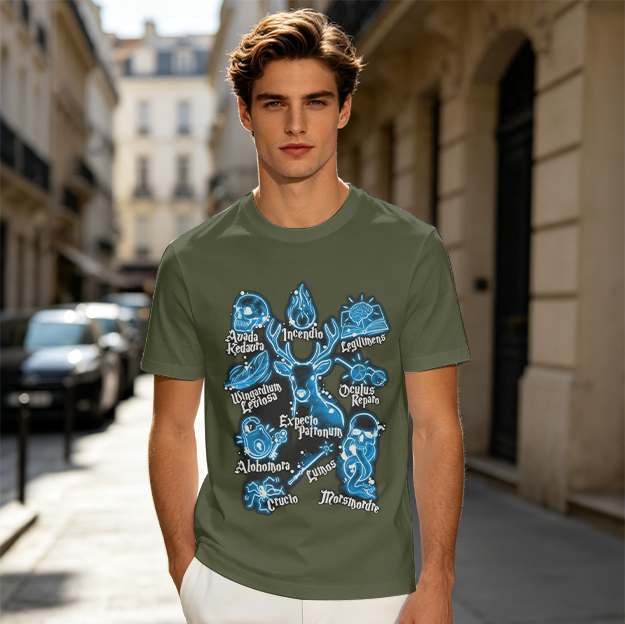 Olive t-shirt with Harry Potter spells and stag patronus print
