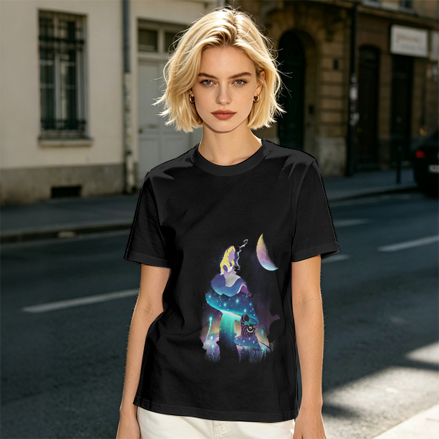 Olive T-Shirt with Alice in Wonderland Galaxy Mushroom Art