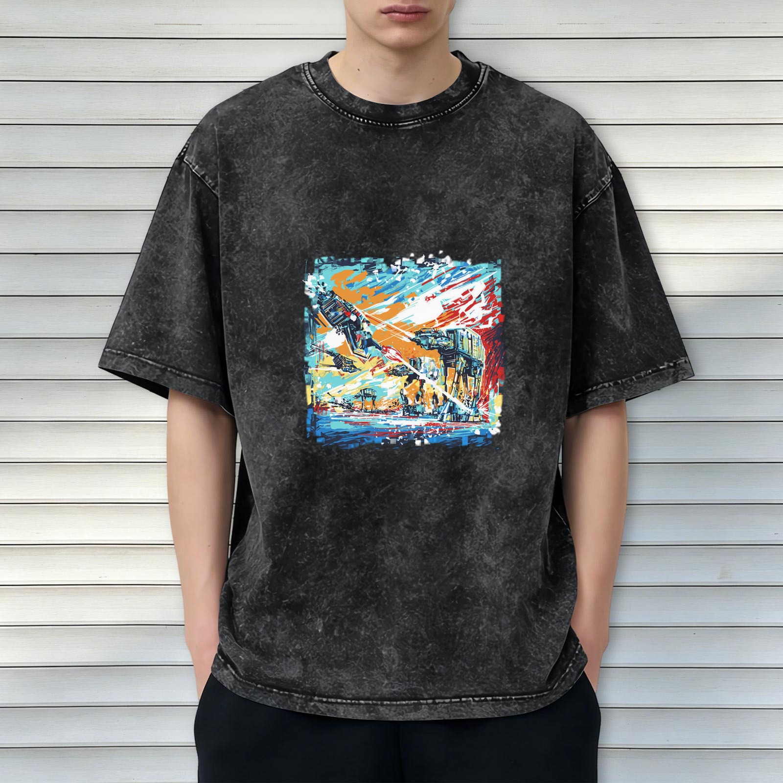 Washed Black Graphic T-Shirt with Sci-Fi Battle Art Print