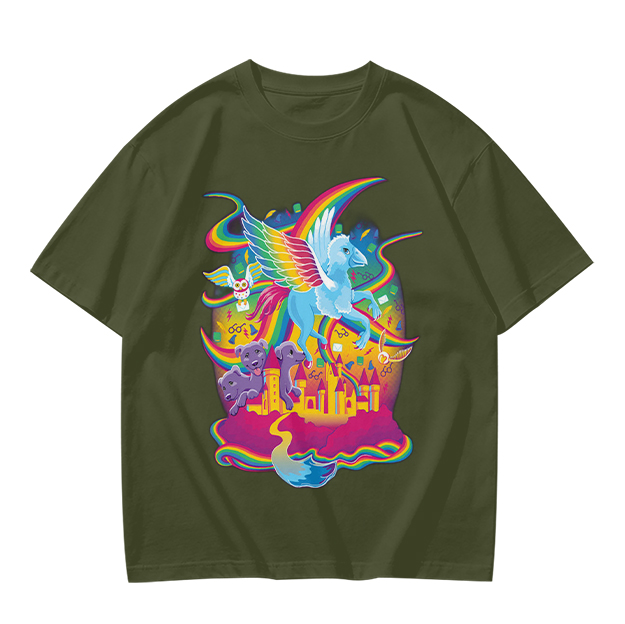 Olive T-Shirt With Whimsical Rainbow Fantasy Creature Castle Art