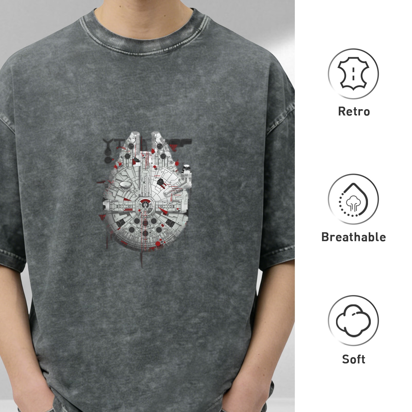 Distressed black short-sleeved T-shirt Star Wars Millennium Falcon pattern casual loose style