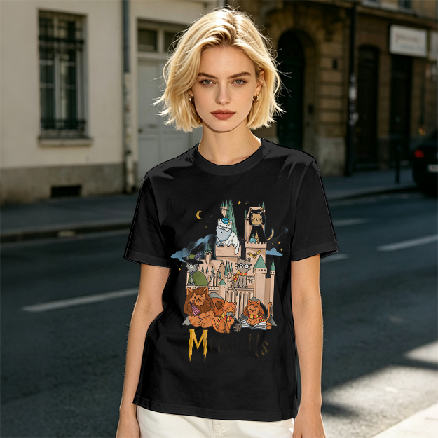 Olive T-Shirt With Whimsical Wizard Cat Castle Graphic