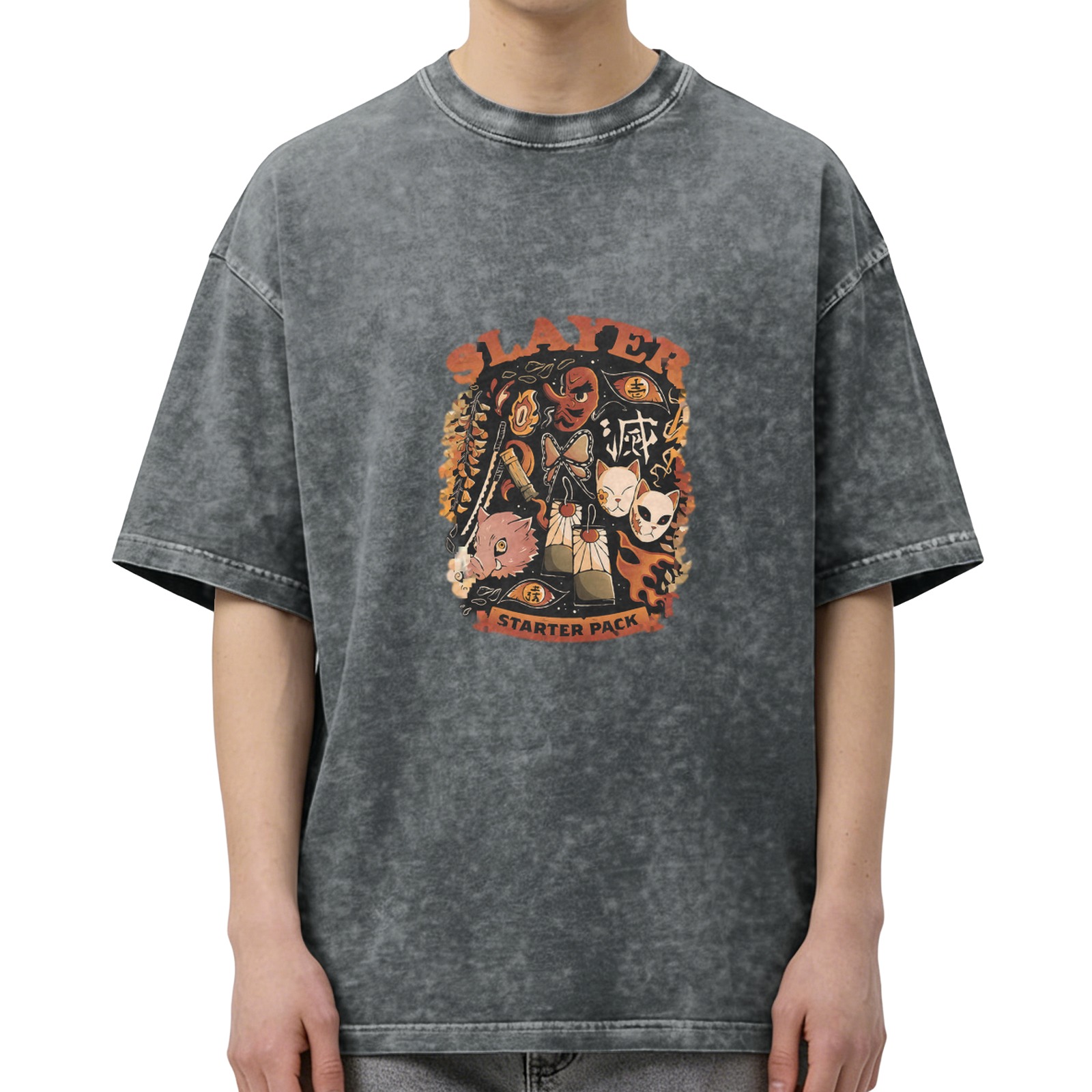 Demon Slayer themed distressed washed short-sleeved T-shirt anime peripheral loose casual top