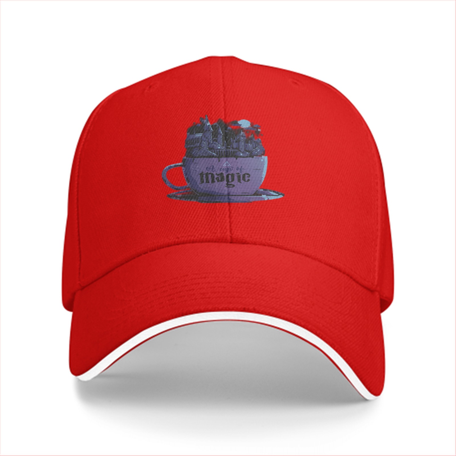 Black baseball cap with purple teacup magic graphic print