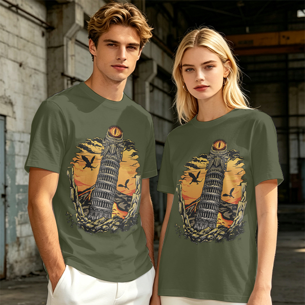 Ominous tower with eye and flying creatures graphic t-shirt