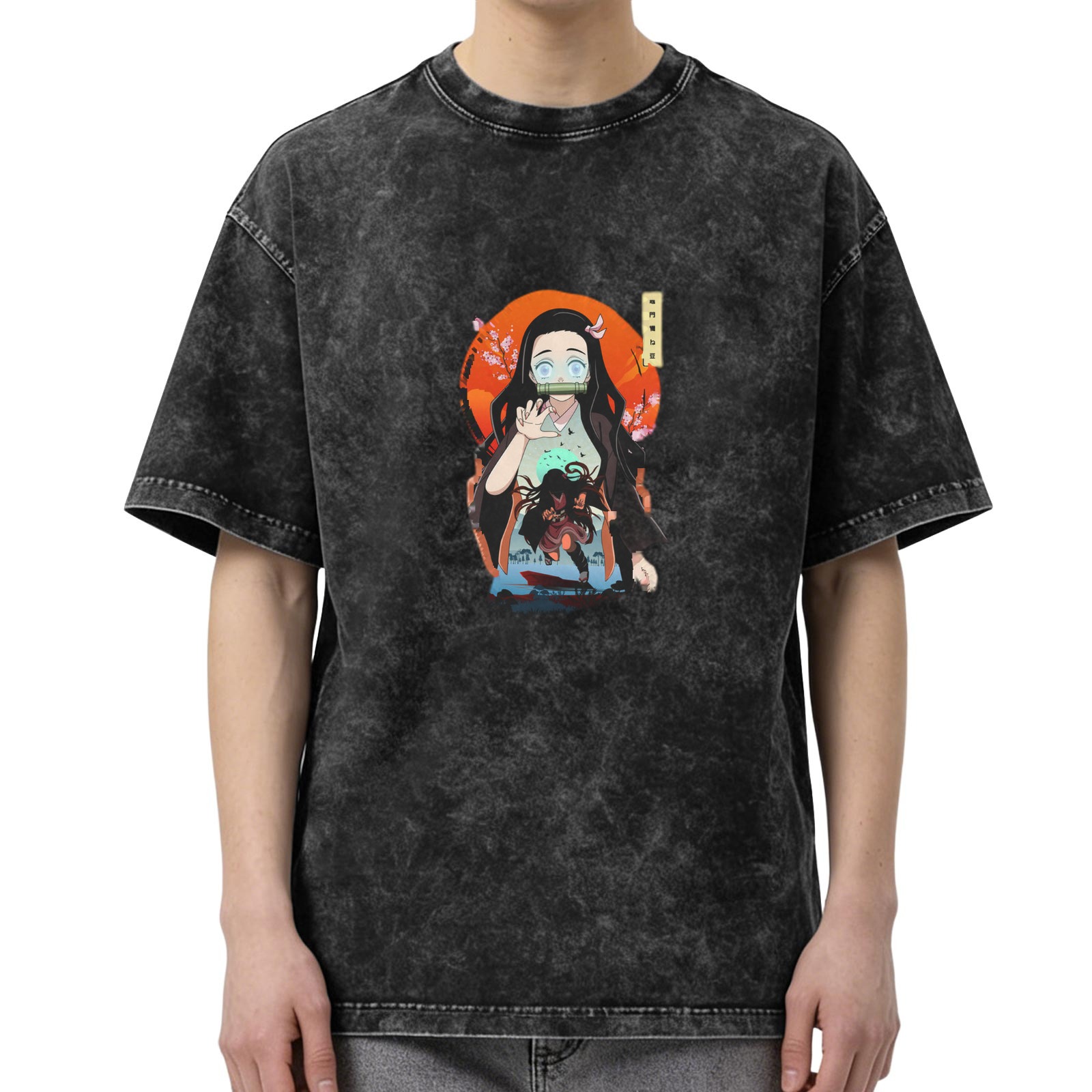 Demon Slayer: Kimetsu no Yaiba Nezuko themed old washed black loose short-sleeved T-shirt