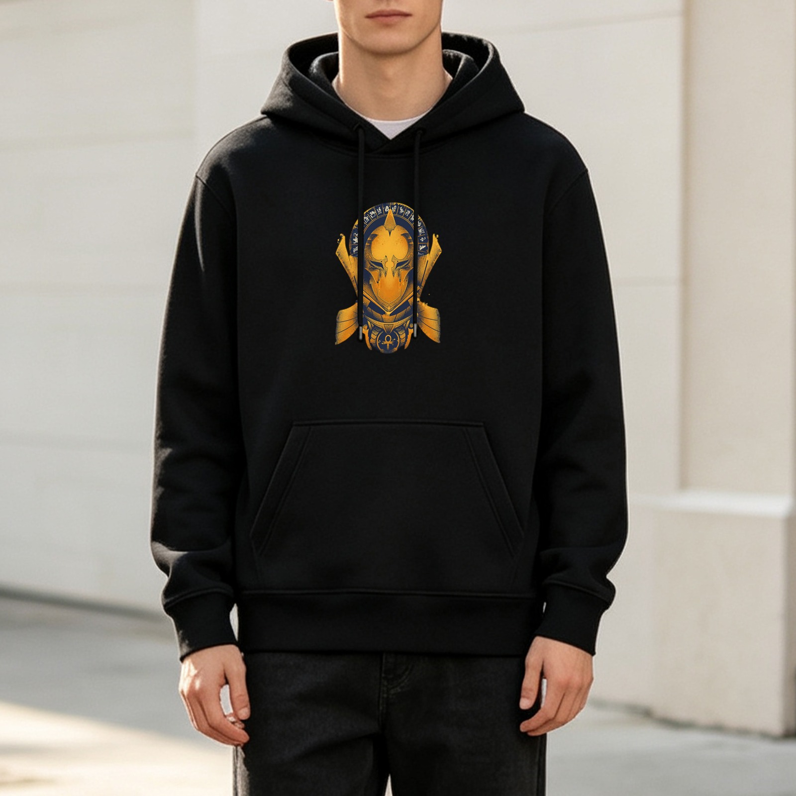 Black Hoodie With Golden Egyptian Fantasy Helmet Graphic