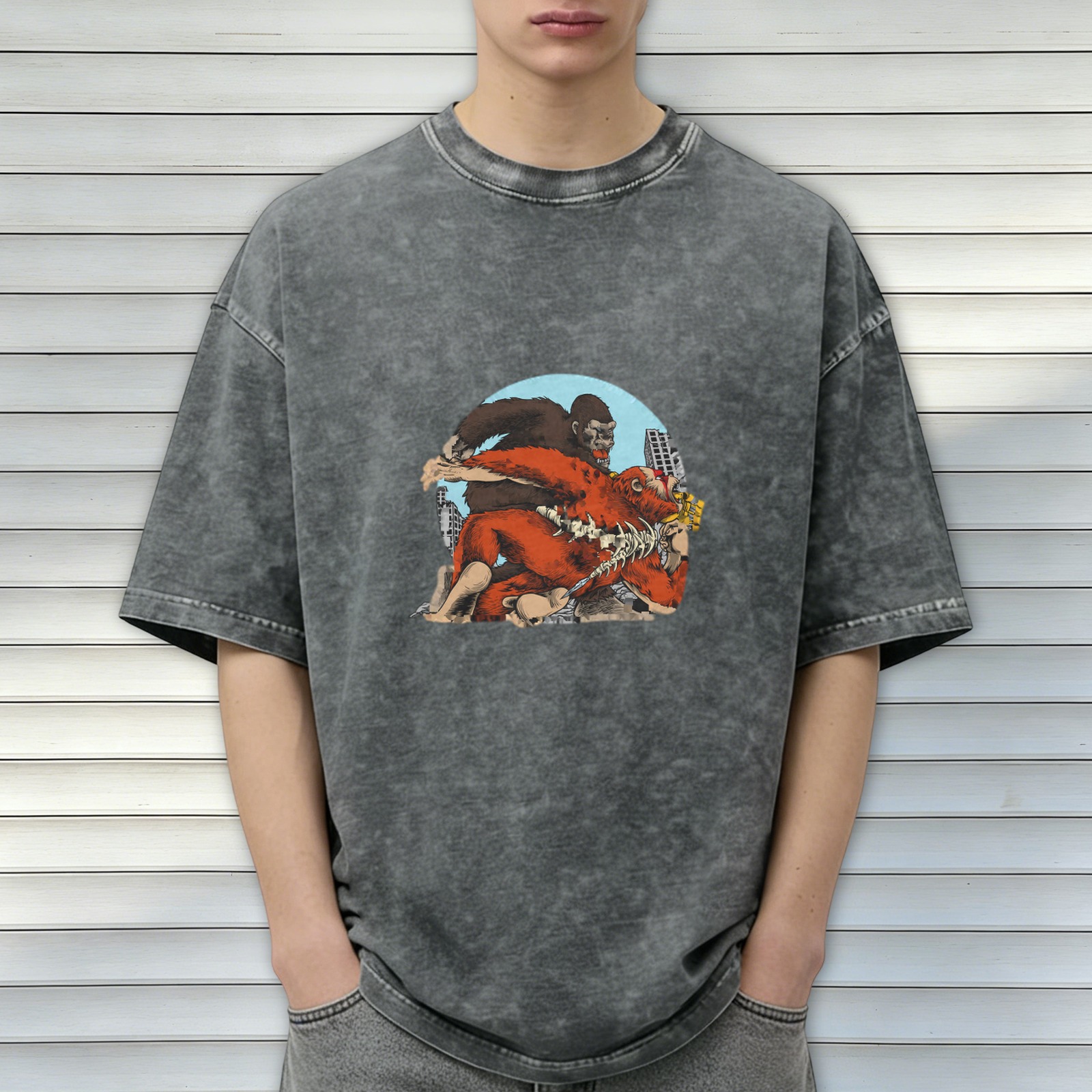 Washed black graphic t-shirt with giant ape monster battle print
