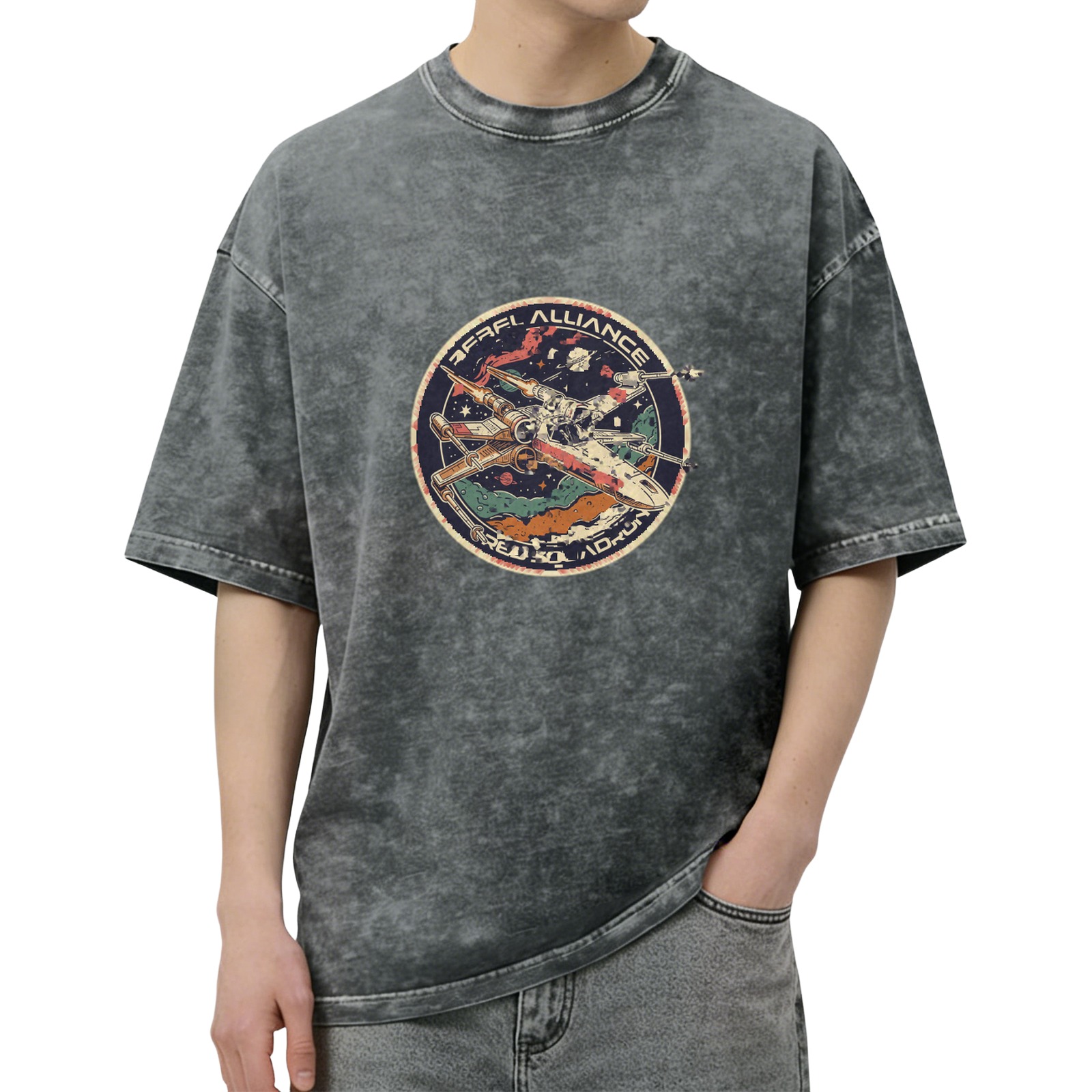 Distressed washed black round neck short-sleeved T-shirt Retro Space Alliance spaceship printed casual top