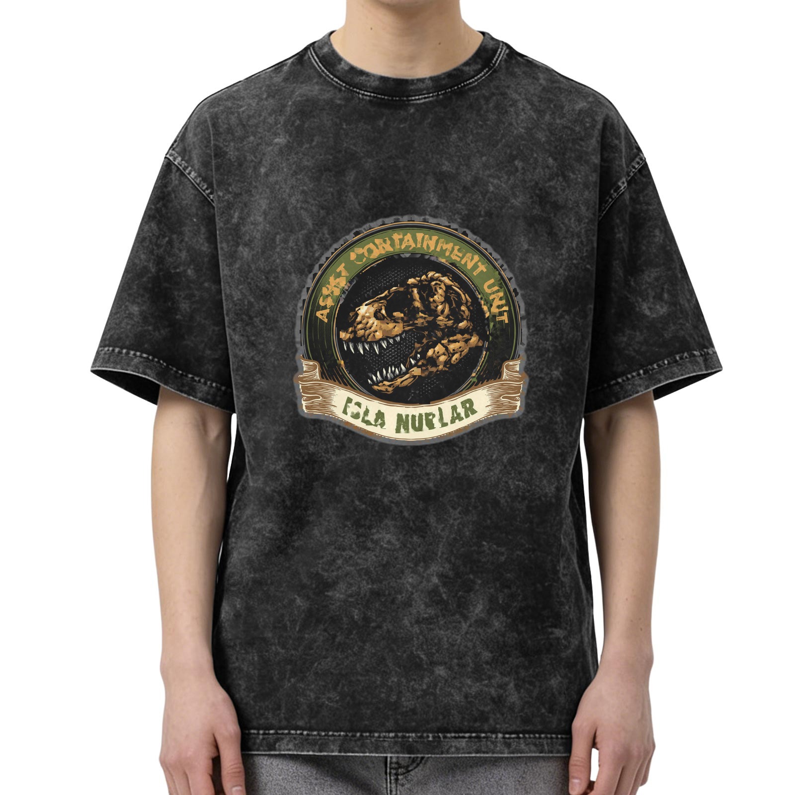 Washed Black T-Shirt with Dinosaur Containment Unit Isla Nublar Graphic