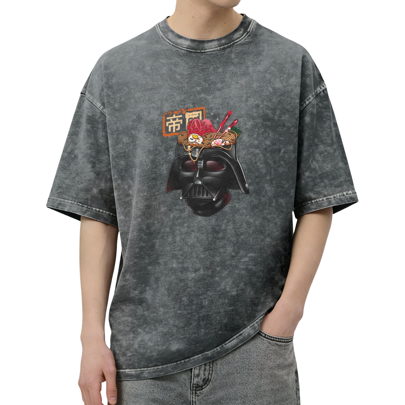 Washed Black T-Shirt With Darth Vader Ramen Graphic Print